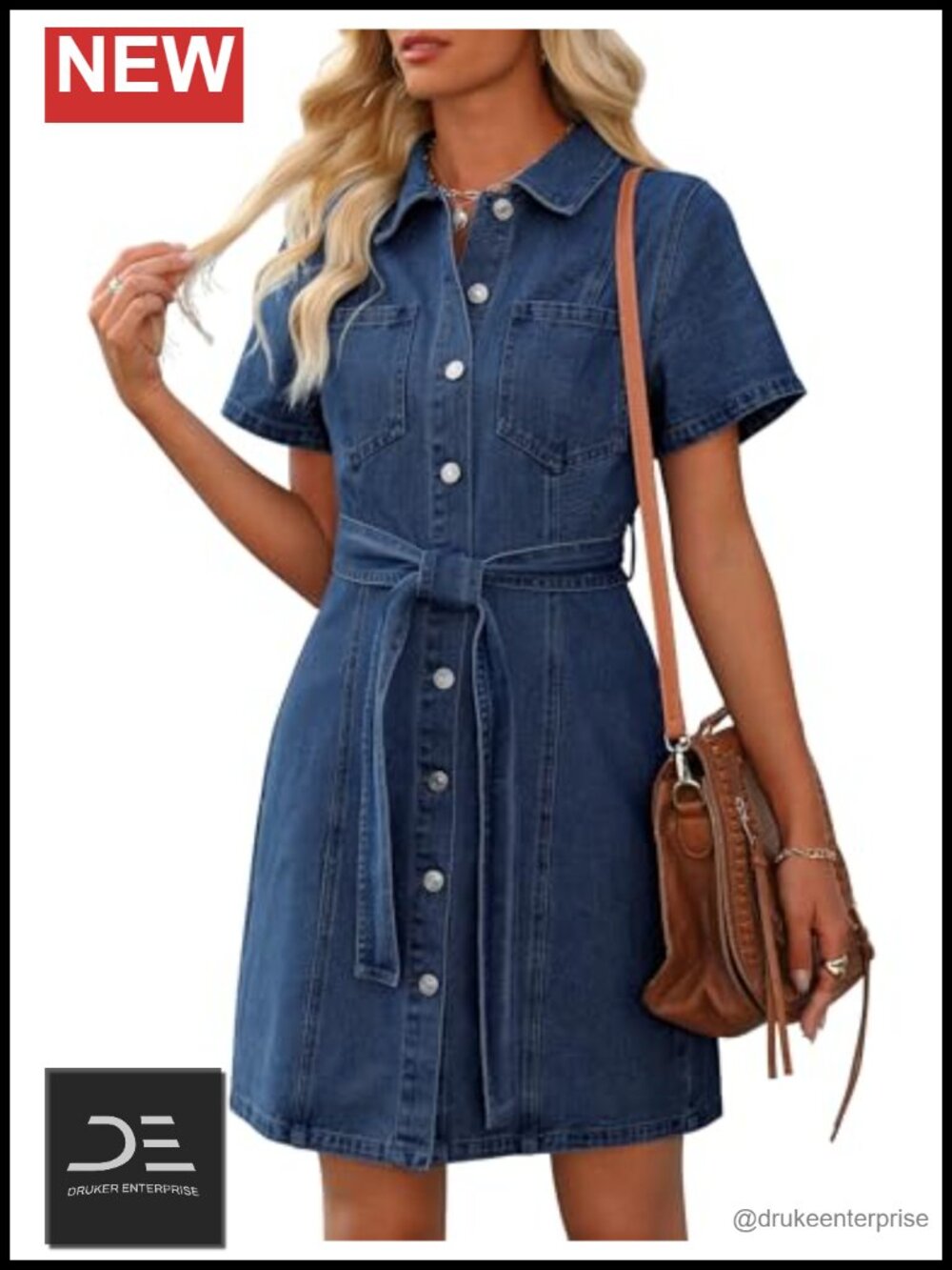Denim Shirt Dress Button Down Drawstring Waist Short Sleeve Above Knee